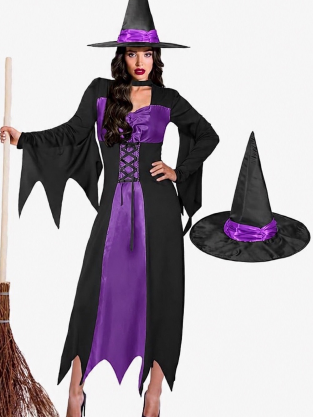 NEW women’s Black and Purple Witch Costume with Hat  large Halloween cosplay